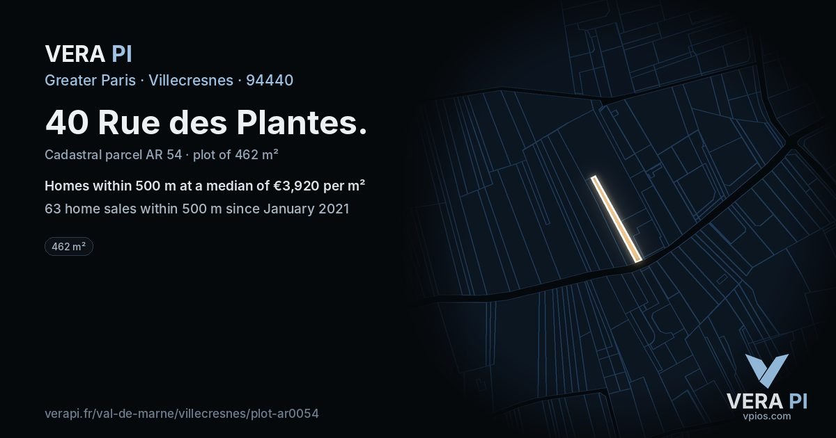 40 Rue des Plantes, Villecresnes at night – the plot lit, the parcels around coloured by the prices near them