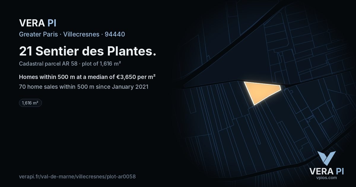 21 Sentier des Plantes, Villecresnes at night – the plot lit, the parcels around coloured by the prices near them