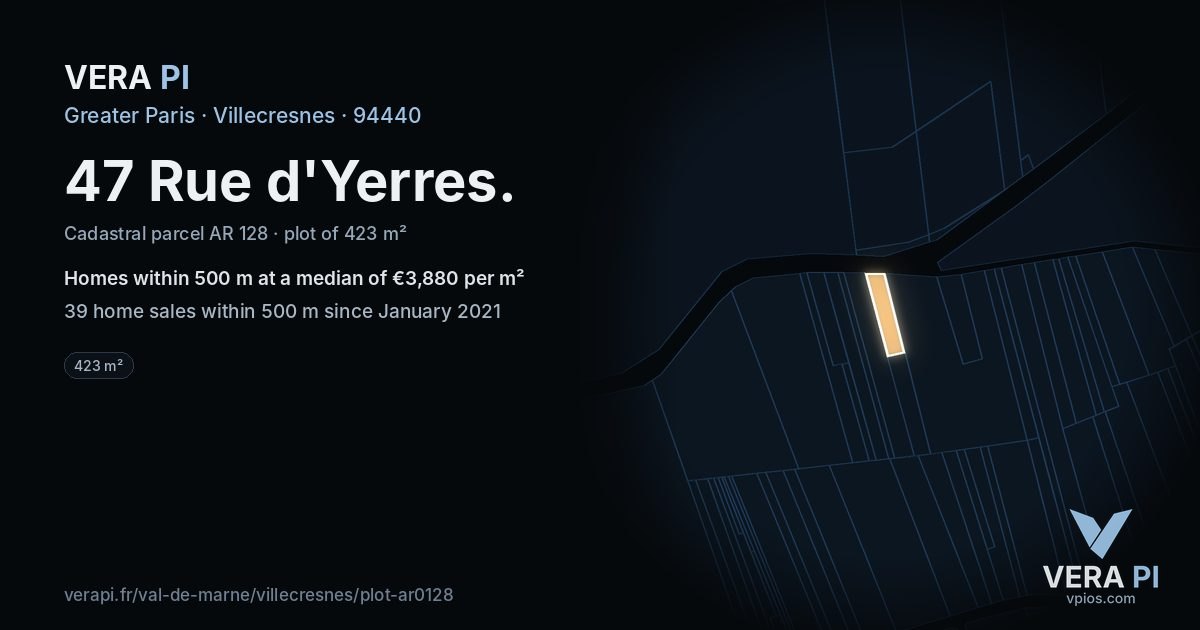 47 Rue d'Yerres, Villecresnes at night – the plot lit, the parcels around coloured by the prices near them