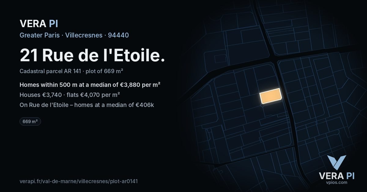 21 Rue de l'Etoile, Villecresnes at night – the plot lit, the parcels around coloured by the prices near them