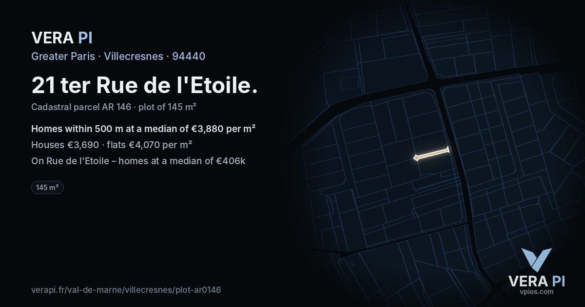 21 ter Rue de l'Etoile, Villecresnes at night – the plot lit, the parcels around coloured by the prices near them