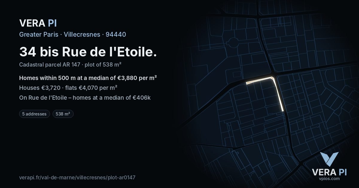 34 bis Rue de l'Etoile, Villecresnes at night – the plot lit, the parcels around coloured by the prices near them