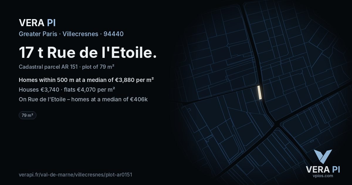 17 t Rue de l'Etoile, Villecresnes at night – the plot lit, the parcels around coloured by the prices near them