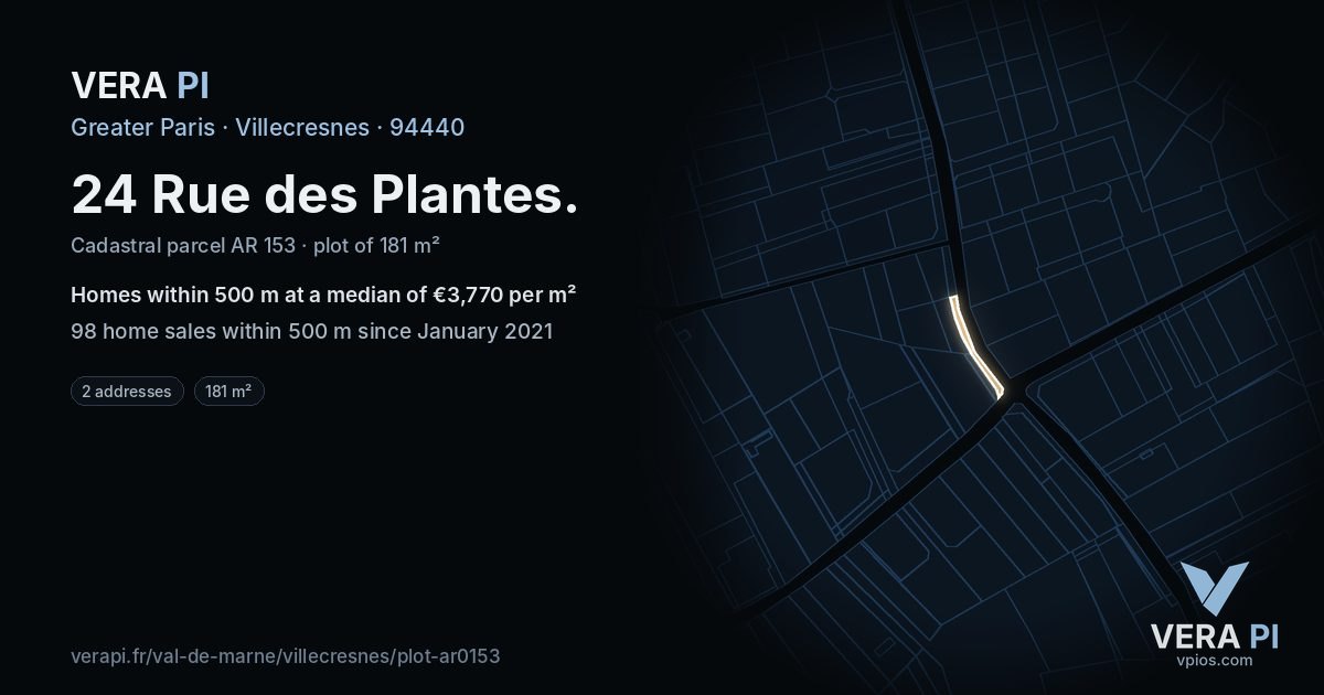 24 Rue des Plantes, Villecresnes at night – the plot lit, the parcels around coloured by the prices near them