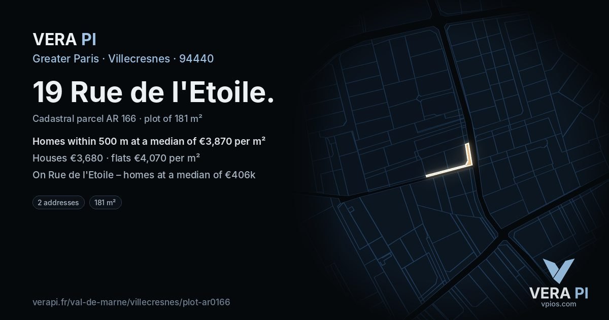 19 Rue de l'Etoile, Villecresnes at night – the plot lit, the parcels around coloured by the prices near them