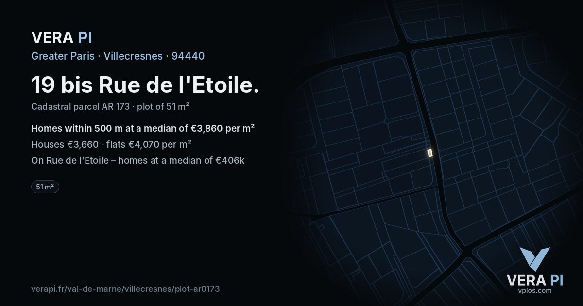 19 bis Rue de l'Etoile, Villecresnes at night – the plot lit, the parcels around coloured by the prices near them