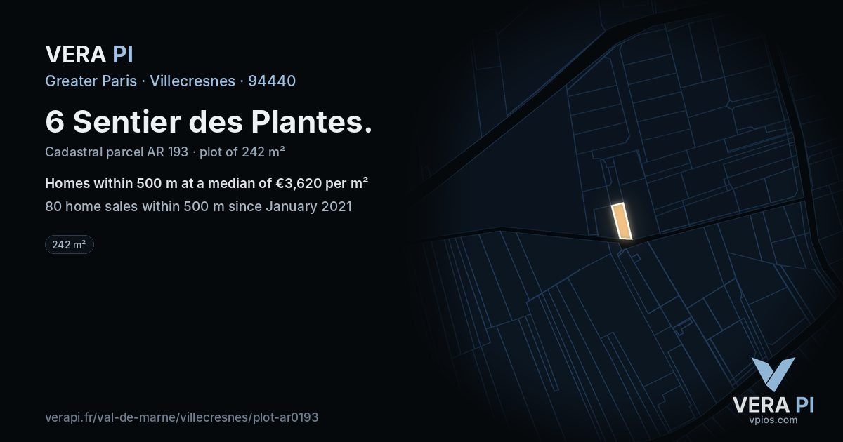 6 Sentier des Plantes, Villecresnes at night – the plot lit, the parcels around coloured by the prices near them