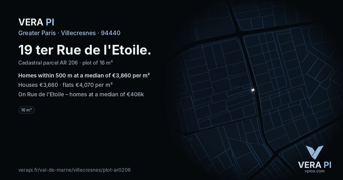 19 ter Rue de l'Etoile, Villecresnes at night – the plot lit, the parcels around coloured by the prices near them