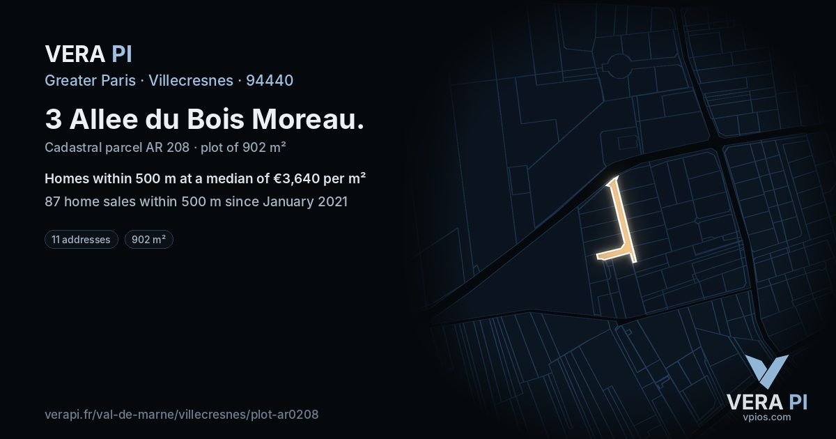 3 Allee du Bois Moreau, Villecresnes at night – the plot lit, the parcels around coloured by the prices near them