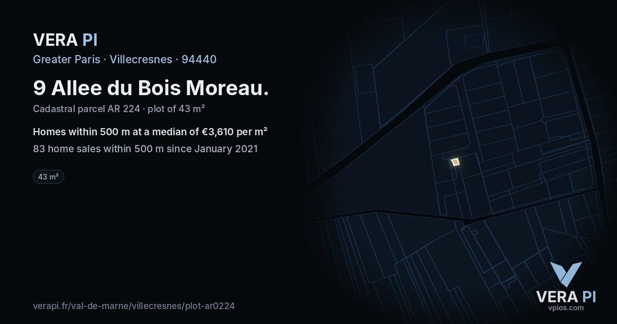 9 Allee du Bois Moreau, Villecresnes at night – the plot lit, the parcels around coloured by the prices near them