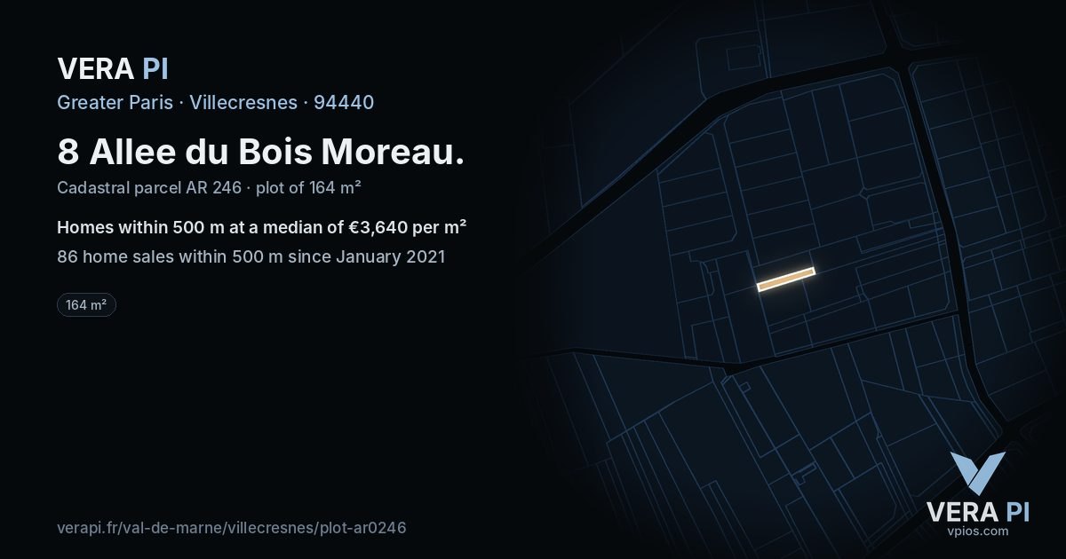 8 Allee du Bois Moreau, Villecresnes at night – the plot lit, the parcels around coloured by the prices near them