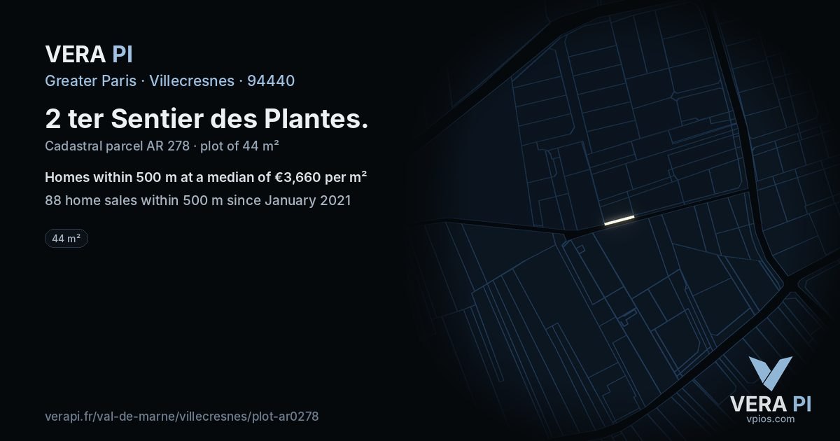 2 ter Sentier des Plantes, Villecresnes at night – the plot lit, the parcels around coloured by the prices near them
