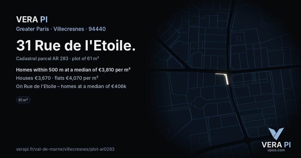 31 Rue de l'Etoile, Villecresnes at night – the plot lit, the parcels around coloured by the prices near them