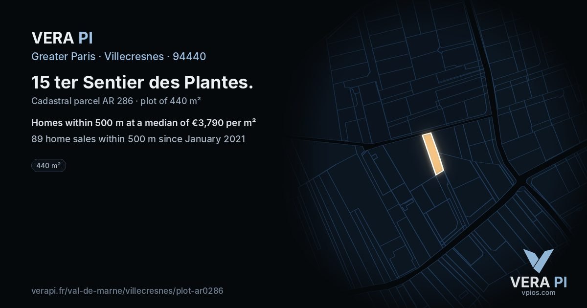 15 ter Sentier des Plantes, Villecresnes at night – the plot lit, the parcels around coloured by the prices near them