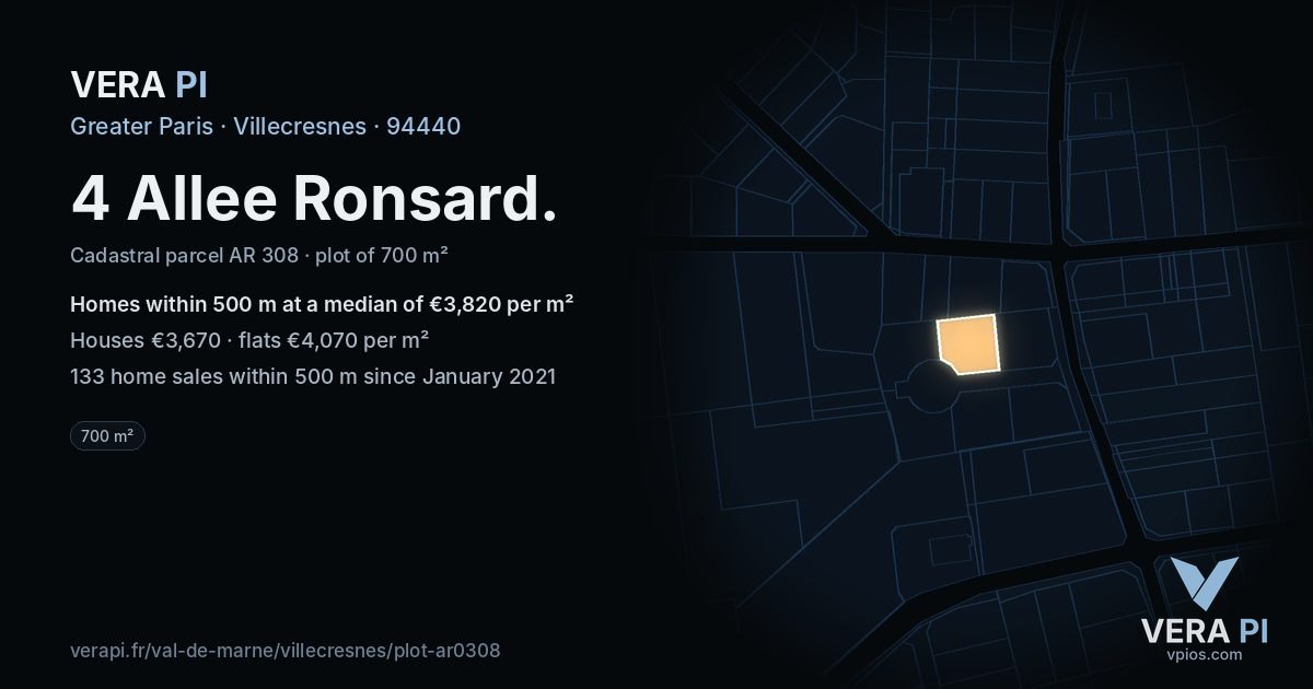4 Allee Ronsard, Villecresnes at night – the plot lit, the parcels around coloured by the prices near them