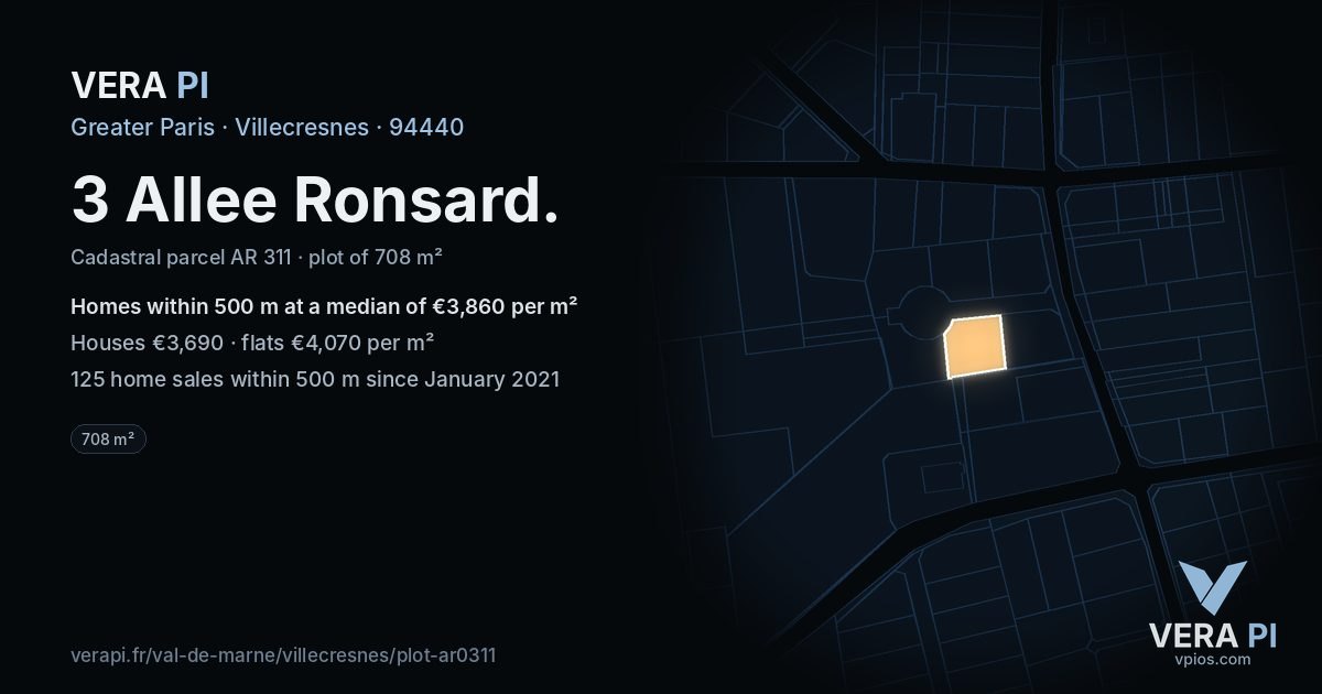 3 Allee Ronsard, Villecresnes at night – the plot lit, the parcels around coloured by the prices near them