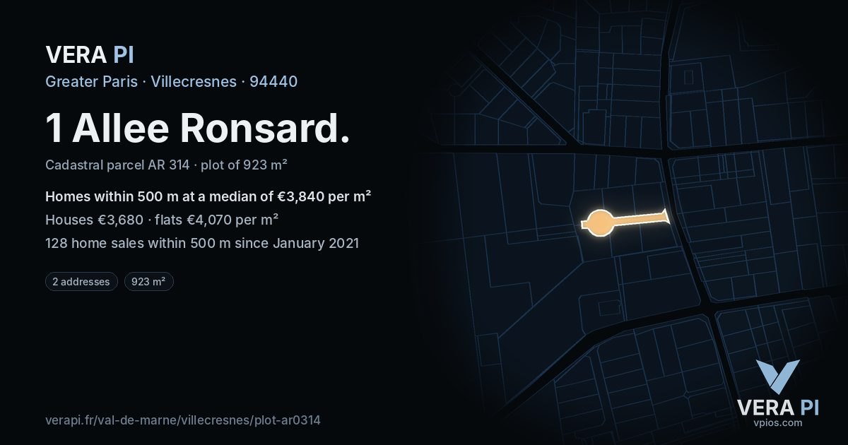1 Allee Ronsard, Villecresnes at night – the plot lit, the parcels around coloured by the prices near them