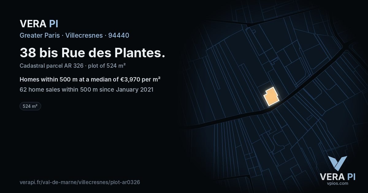 38 bis Rue des Plantes, Villecresnes at night – the plot lit, the parcels around coloured by the prices near them