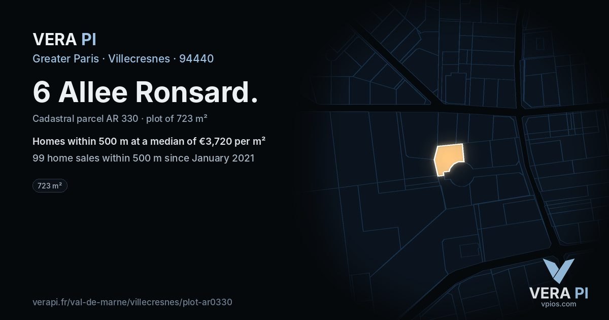 6 Allee Ronsard, Villecresnes at night – the plot lit, the parcels around coloured by the prices near them