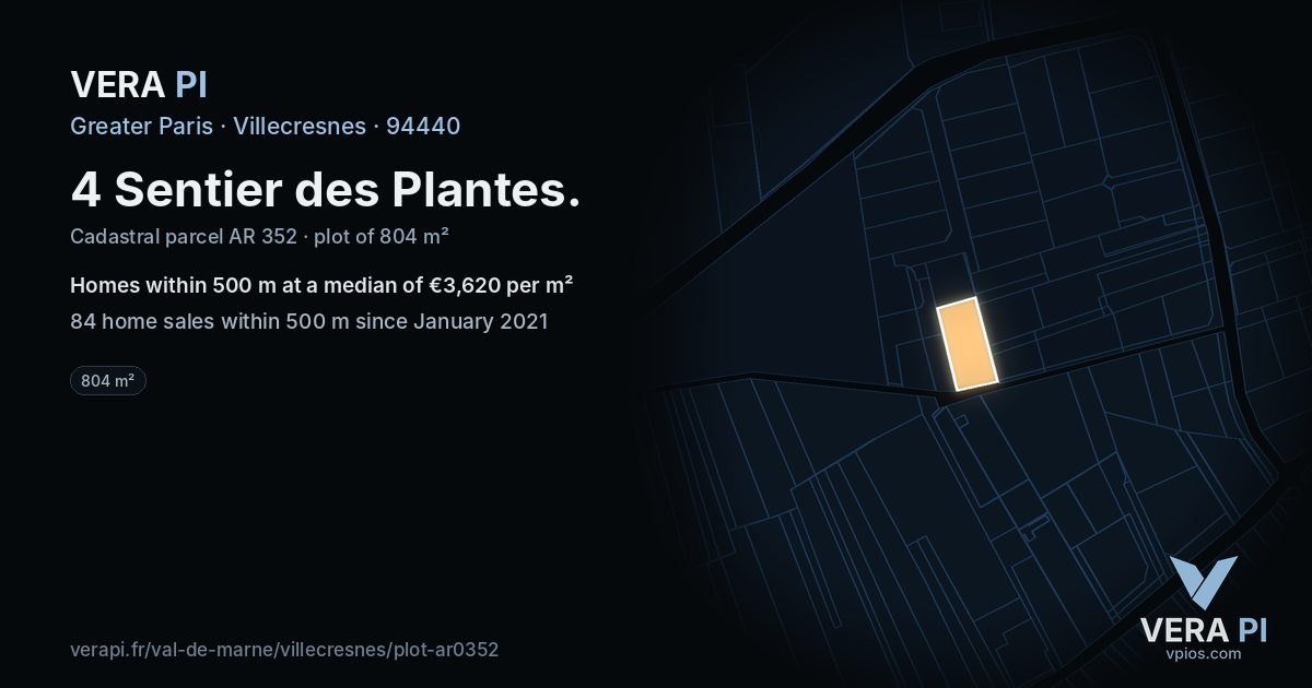 4 Sentier des Plantes, Villecresnes at night – the plot lit, the parcels around coloured by the prices near them