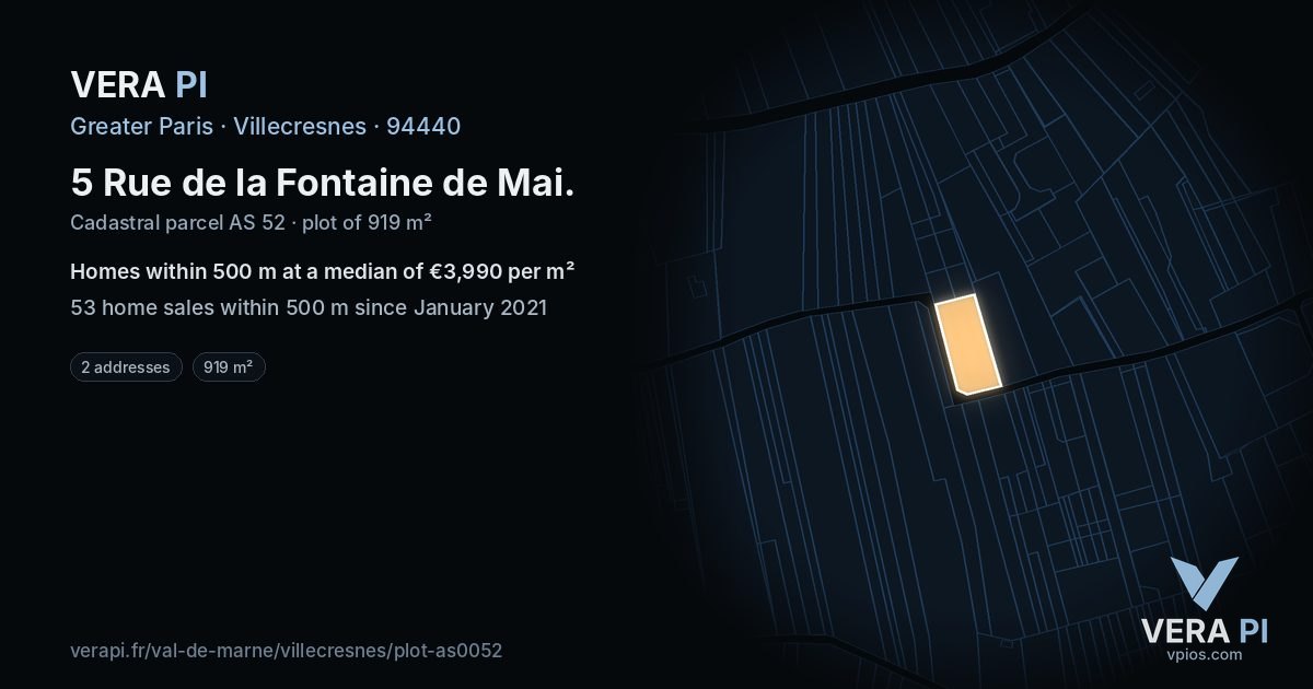 5 Rue de la Fontaine de Mai, Villecresnes at night – the plot lit, the parcels around coloured by the prices near them