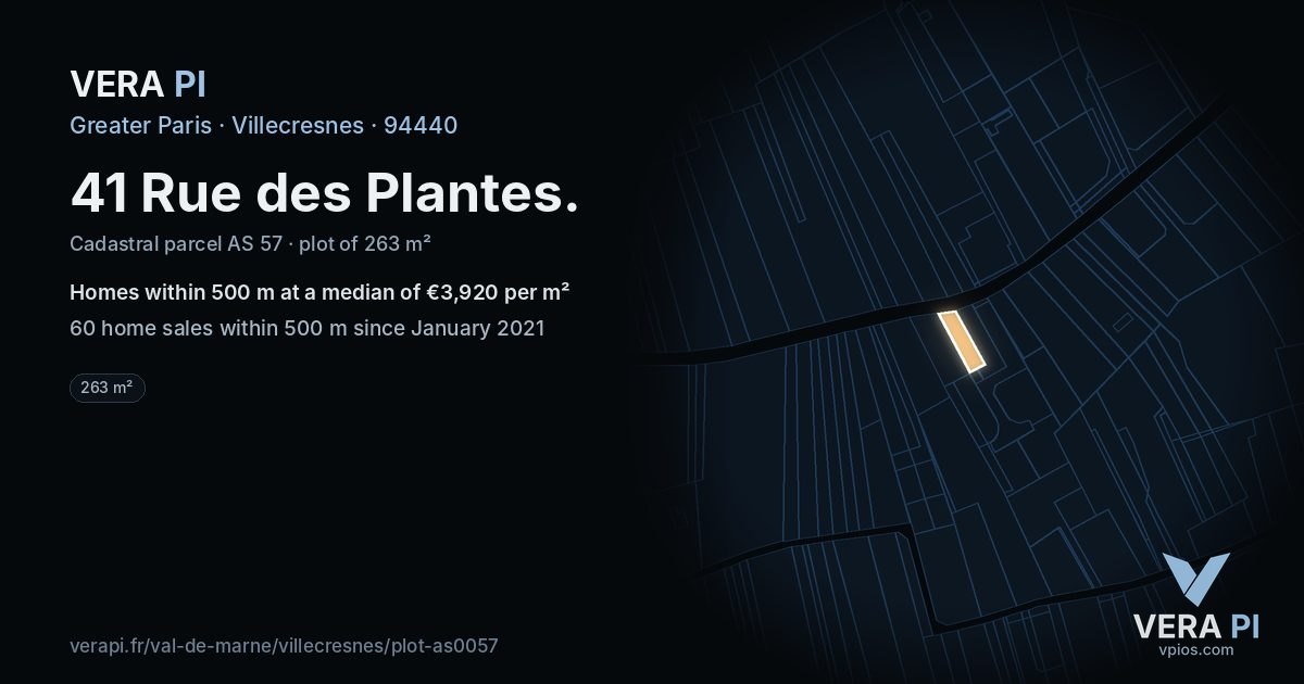 41 Rue des Plantes, Villecresnes at night – the plot lit, the parcels around coloured by the prices near them