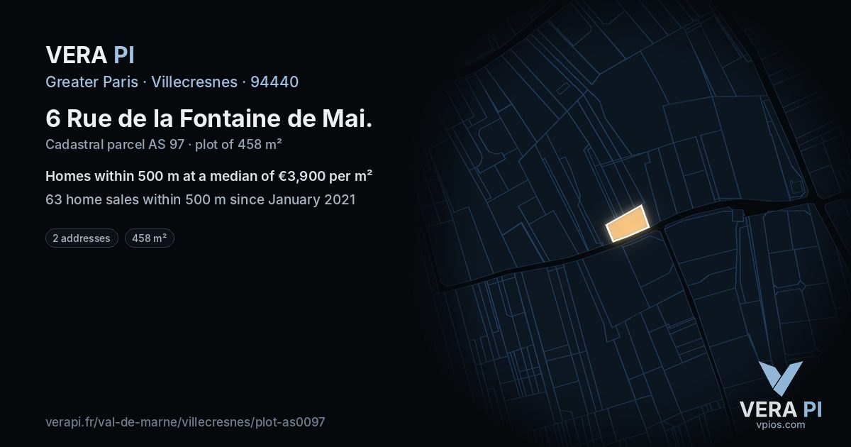 6 Rue de la Fontaine de Mai, Villecresnes at night – the plot lit, the parcels around coloured by the prices near them