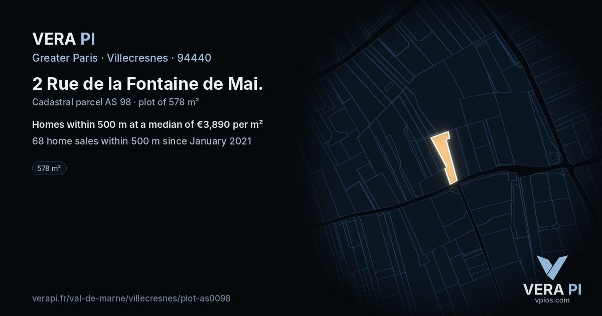 2 Rue de la Fontaine de Mai, Villecresnes at night – the plot lit, the parcels around coloured by the prices near them