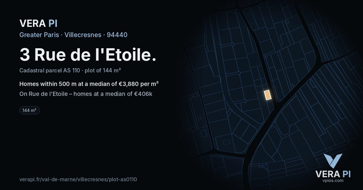 3 Rue de l'Etoile, Villecresnes at night – the plot lit, the parcels around coloured by the prices near them