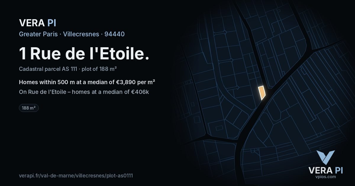 1 Rue de l'Etoile, Villecresnes at night – the plot lit, the parcels around coloured by the prices near them