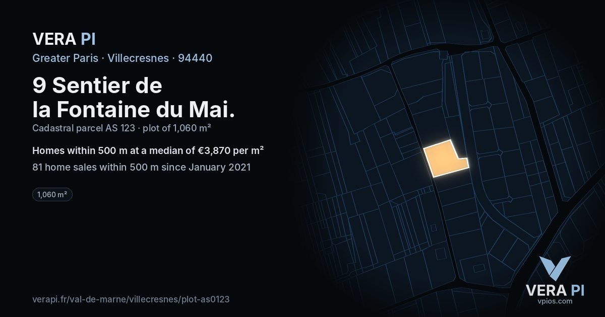 9 Sentier de la Fontaine du Mai, Villecresnes at night – the plot lit, the parcels around coloured by the prices near them