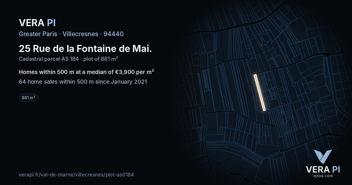 25 Rue de la Fontaine de Mai, Villecresnes at night – the plot lit, the parcels around coloured by the prices near them