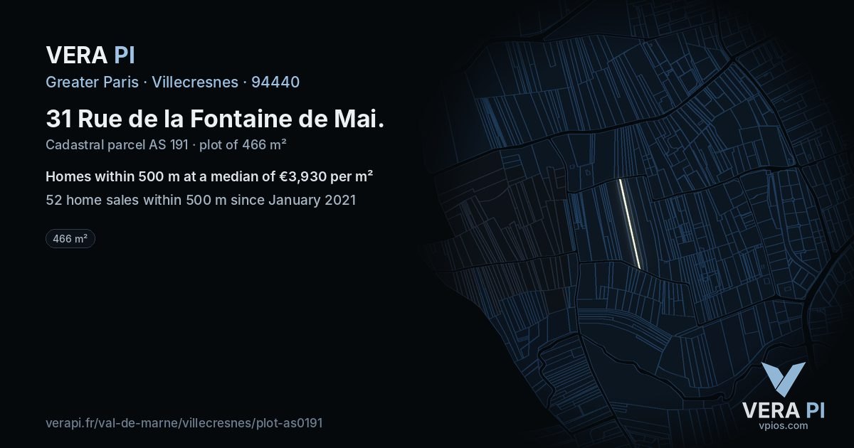31 Rue de la Fontaine de Mai, Villecresnes at night – the plot lit, the parcels around coloured by the prices near them