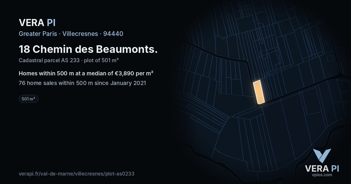 18 Chemin des Beaumonts, Villecresnes at night – the plot lit, the parcels around coloured by the prices near them