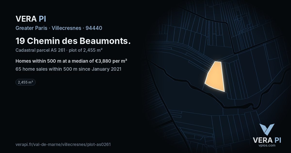 19 Chemin des Beaumonts, Villecresnes at night – the plot lit, the parcels around coloured by the prices near them