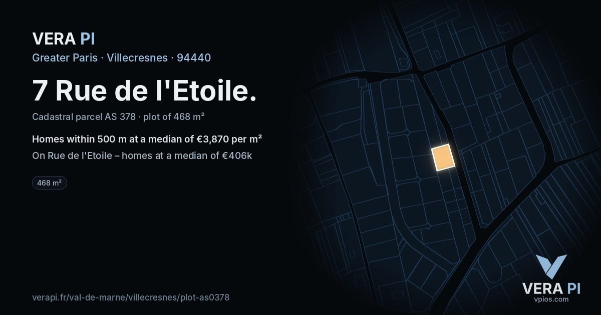 7 Rue de l'Etoile, Villecresnes at night – the plot lit, the parcels around coloured by the prices near them