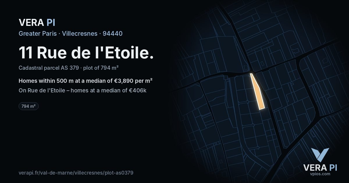 11 Rue de l'Etoile, Villecresnes at night – the plot lit, the parcels around coloured by the prices near them