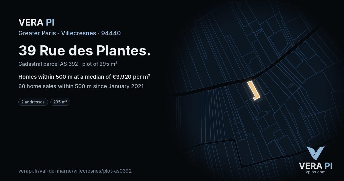 39 Rue des Plantes, Villecresnes at night – the plot lit, the parcels around coloured by the prices near them