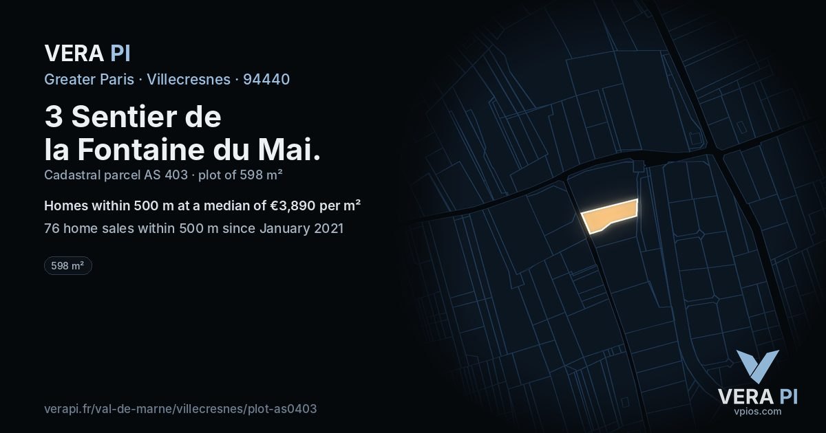 3 Sentier de la Fontaine du Mai, Villecresnes at night – the plot lit, the parcels around coloured by the prices near them