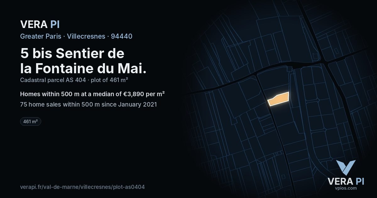 5 bis Sentier de la Fontaine du Mai, Villecresnes at night – the plot lit, the parcels around coloured by the prices near them