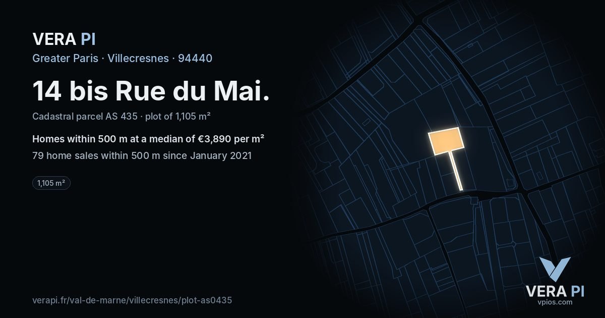 14 bis Rue du Mai, Villecresnes at night – the plot lit, the parcels around coloured by the prices near them