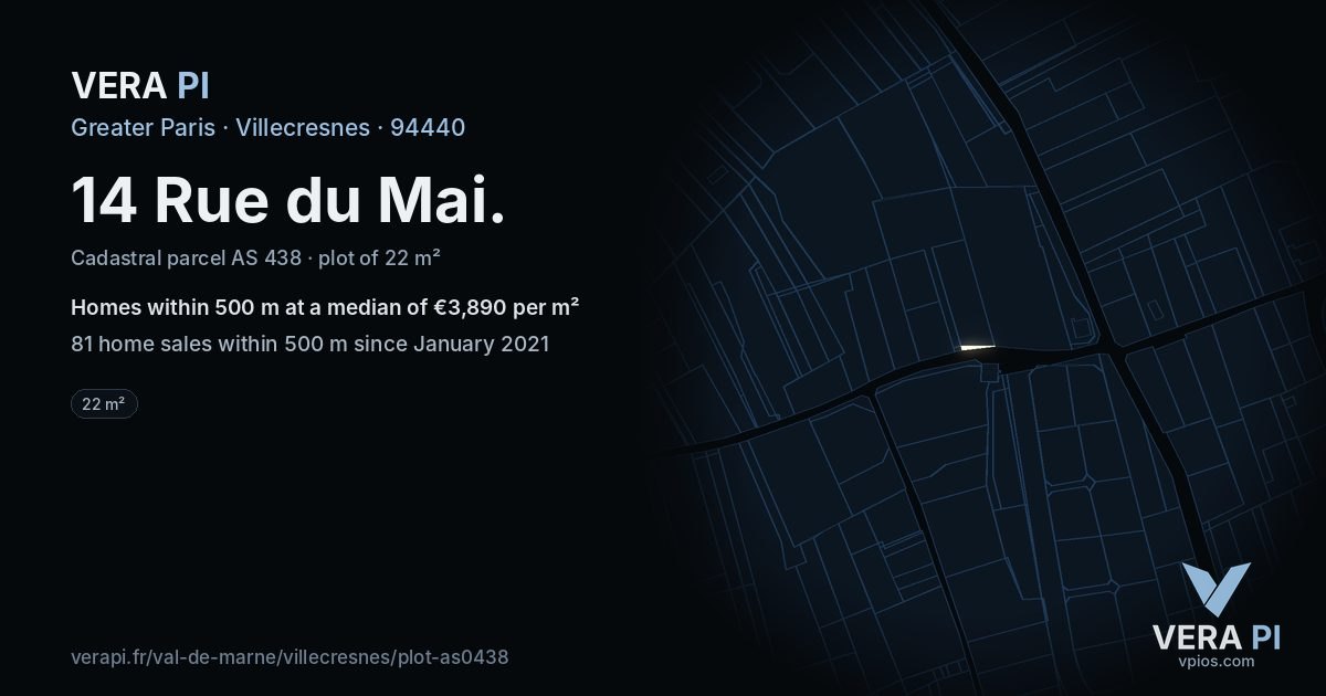 14 Rue du Mai, Villecresnes at night – the plot lit, the parcels around coloured by the prices near them