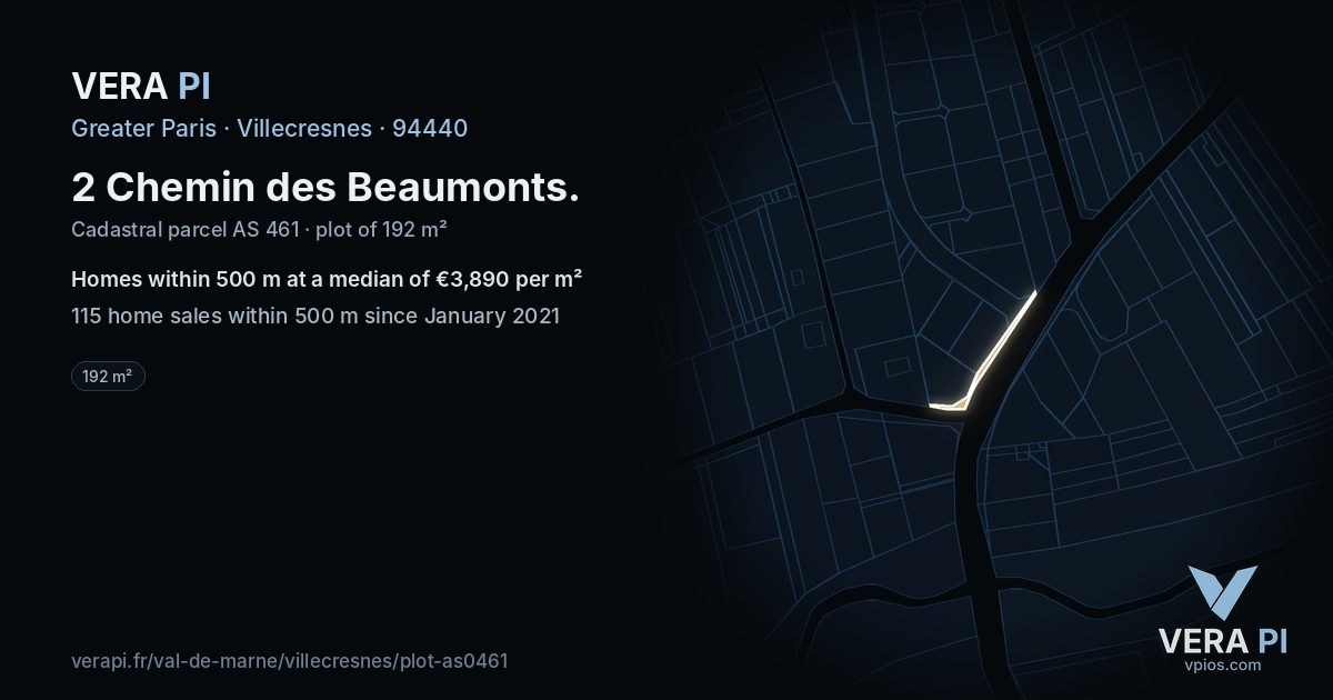 2 Chemin des Beaumonts, Villecresnes at night – the plot lit, the parcels around coloured by the prices near them