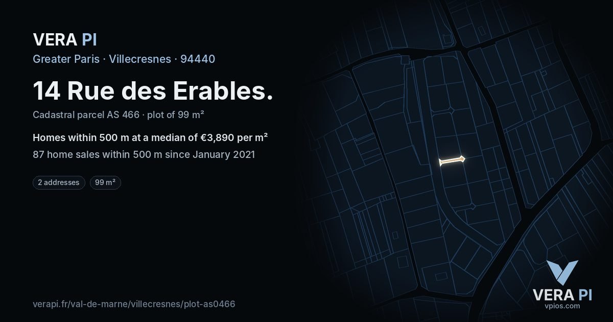 14 Rue des Erables, Villecresnes at night – the plot lit, the parcels around coloured by the prices near them