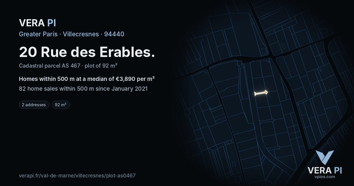 20 Rue des Erables, Villecresnes at night – the plot lit, the parcels around coloured by the prices near them