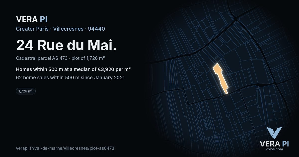 24 Rue du Mai, Villecresnes at night – the plot lit, the parcels around coloured by the prices near them
