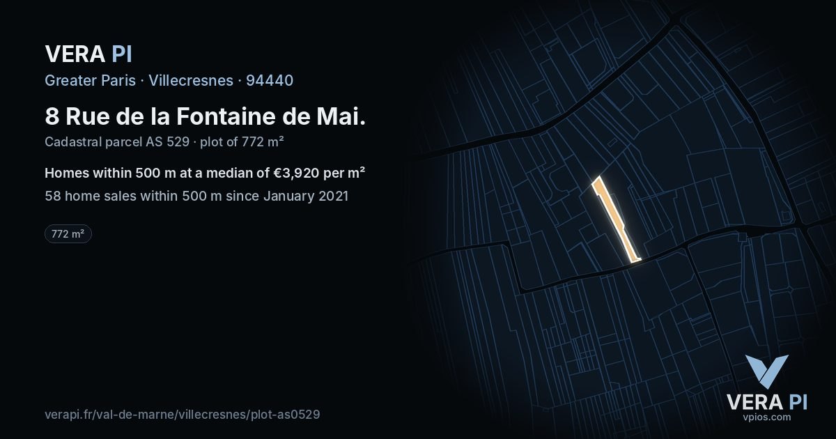 8 Rue de la Fontaine de Mai, Villecresnes at night – the plot lit, the parcels around coloured by the prices near them