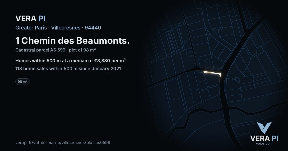 1 Chemin des Beaumonts, Villecresnes at night – the plot lit, the parcels around coloured by the prices near them