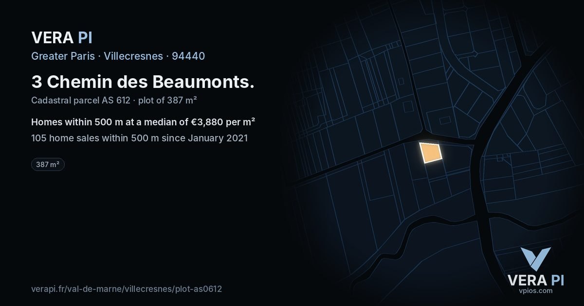 3 Chemin des Beaumonts, Villecresnes at night – the plot lit, the parcels around coloured by the prices near them