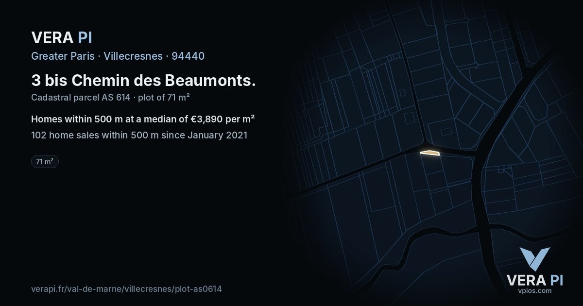 3 bis Chemin des Beaumonts, Villecresnes at night – the plot lit, the parcels around coloured by the prices near them